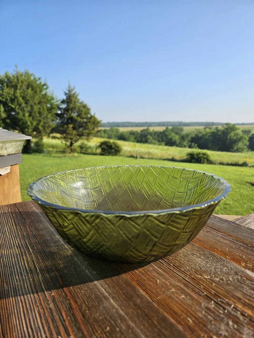 Green glass bowl with textured woven pattern  #glassware mid-century modern